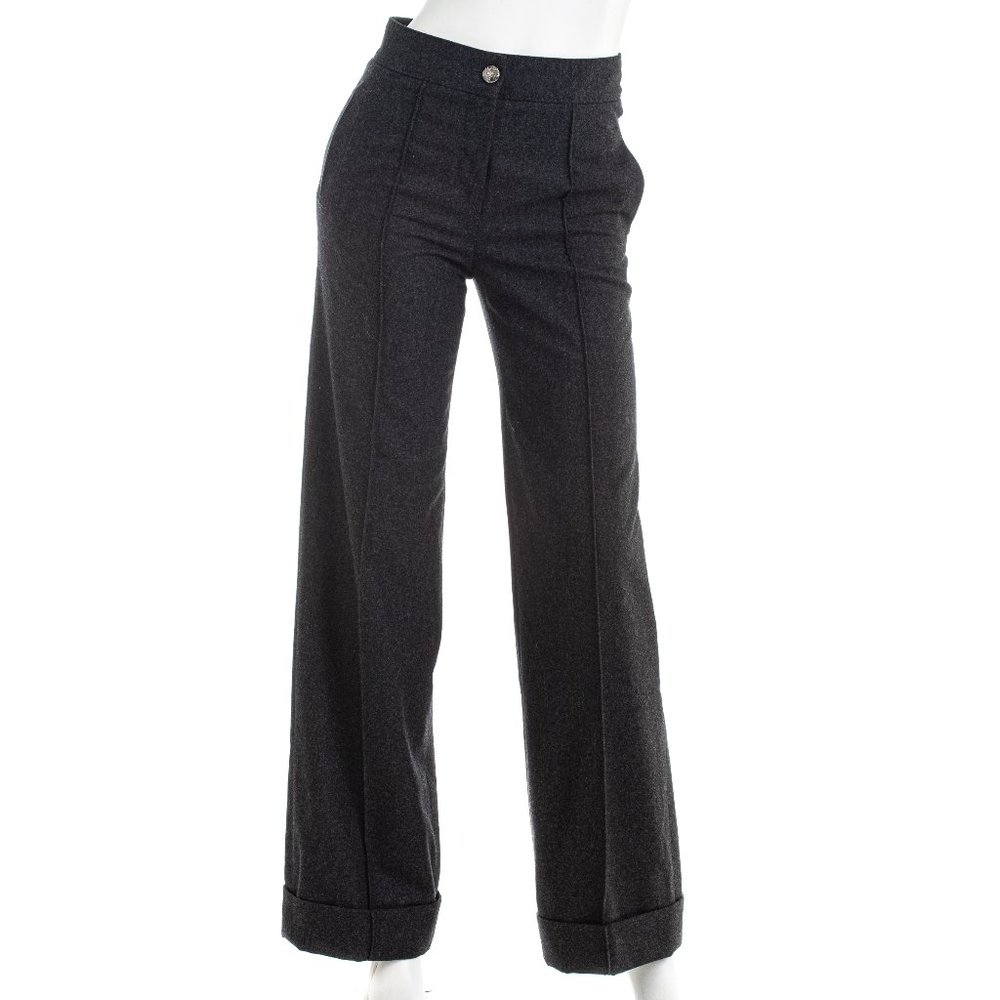 CHANEL Cuffed Wool Trousers Pants Grey 34